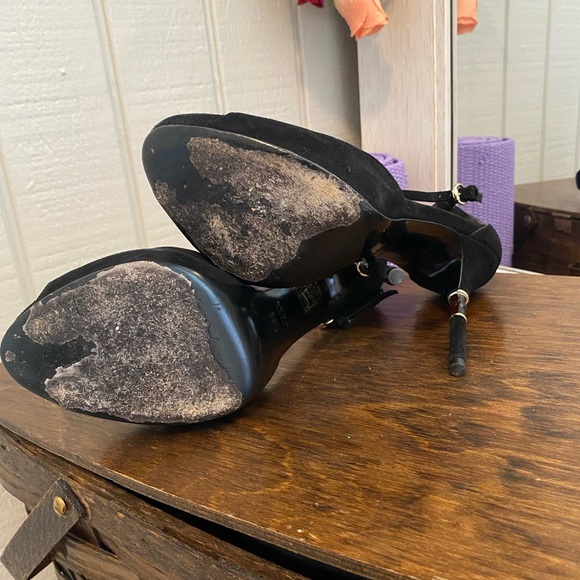 Gucci Black Suede Ankle Strap Peep Toe Bamboo Heel Stilettos Size EU 39.5 US 9.5 - Picture 9 of 9
